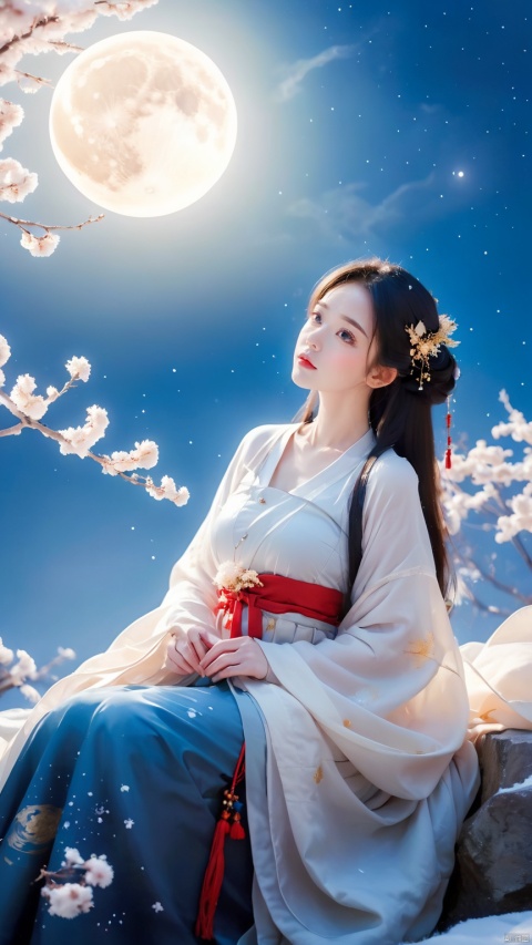 full moon,A huge moon, another moon shadow behind the moon,moonlight,1girl,Girl's posture,cloud,constellation,galaxy,hanfu,light particles,lips,milky way,night,Sitting posture,Close up, slightly sideways, looking at the camera, full body,winter,Blue Hanfu with semi transparent sleeves,night sky,own hands together,sitting,sky,snow,snowflakes,snowing,solo,space,star \(sky\),starry sky,starry sky print