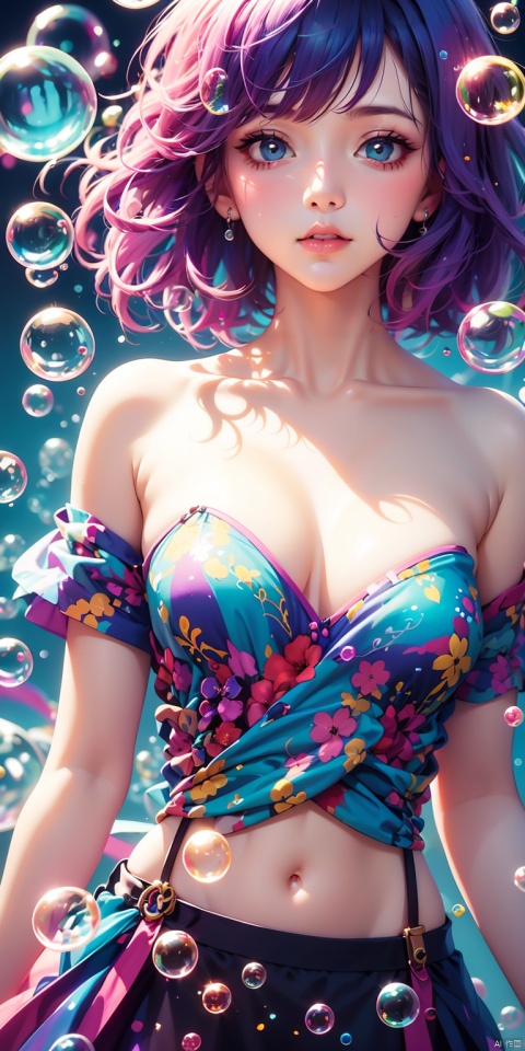 Colorful Girl, 1Girl,Colorful bubbles, multi colored bubbles,Close up, sideways, upper body, above buttocks, off the shoulder, strapless dress, black thin suspender, looking at the camera, short hair, purple gradient hair, gradient background, colorful bubble background, depth of field,hand