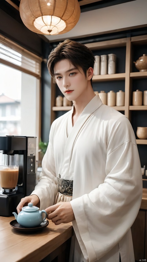 1boy,A handsome man wearing a loose-fitting hanfu style casual dress and holding a cup of modern tea set is standing in a modern coffee shop. The background of the coffee machine and the bookshelf highlights the scene of fashionable life that blends with traditional culture,