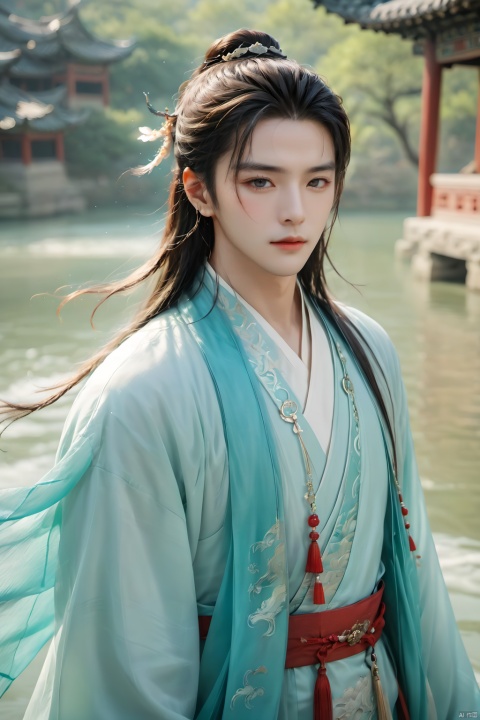  (masterpiece, best quality:1.5), Wind Magic,Ancient Chinese men,1boy, aqua hair, blurry, blurry background, blurry foreground, closed mouth, depth of field, eyelashes, hair ornament, jewelry, lips, long hair, looking at viewer, realistic, solo, upper body, water,Ancient Chinese Hanfu,wind, 