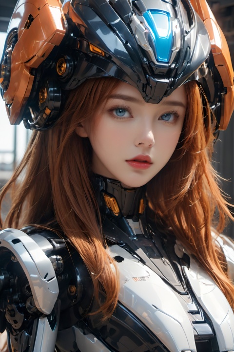  (masterpiece, best quality:1.2),1girl, blue eyes, bodysuit, breasts, helmet, lips, long hair, looking at viewer,Streamlined mecha,Complex helmet,Close fitting mecha,Smooth metal surface, machinery, mecha, open mouth, orange hair, realistic, red lips, science fiction, solo