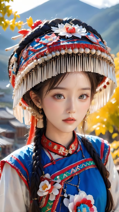  1girl,(Dynamic Pose:1.5),Chinese Yi ethnic clothing,Silver metal headwear,Yi ethnic metal jewelry,A girl of the Yi ethnic group wears a Yi costume and holds a Yi people handicraft. Her eyes sparkle with wisdom and independence as she is surrounded by ethnic villages