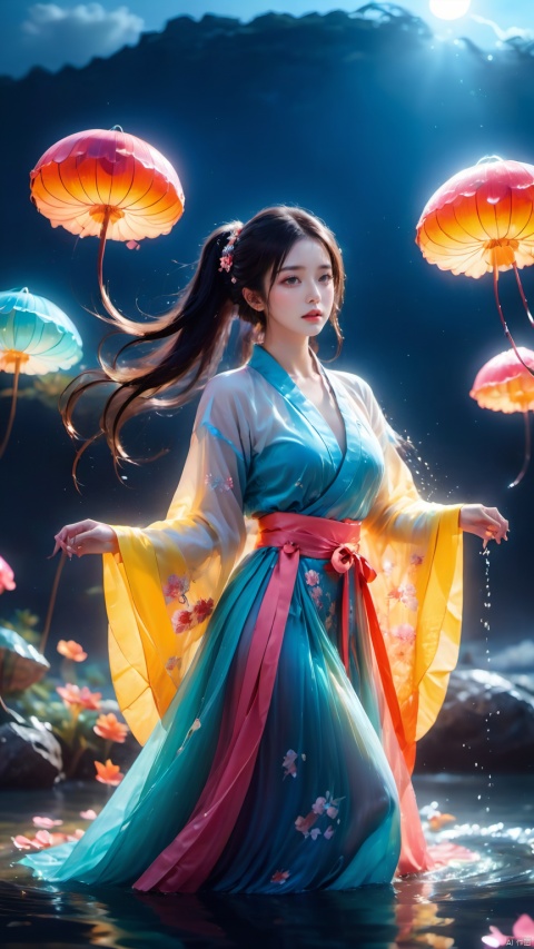 Surrealism Dream Style,glowing neon color,RAW photo,at night,1girl,solo,sea,black hair,ponytail,looking at viewer,long hair,up,lips,sash,water splaashing,hair ornament,realistic,wide sleeves,hanfu,long dress,Semi transparent gauze skirt,surrealist,Best quality,masterpiece,ultra high res,Petal skirt,wind,flowers,bloom,Clouds,smoke,neon lights,