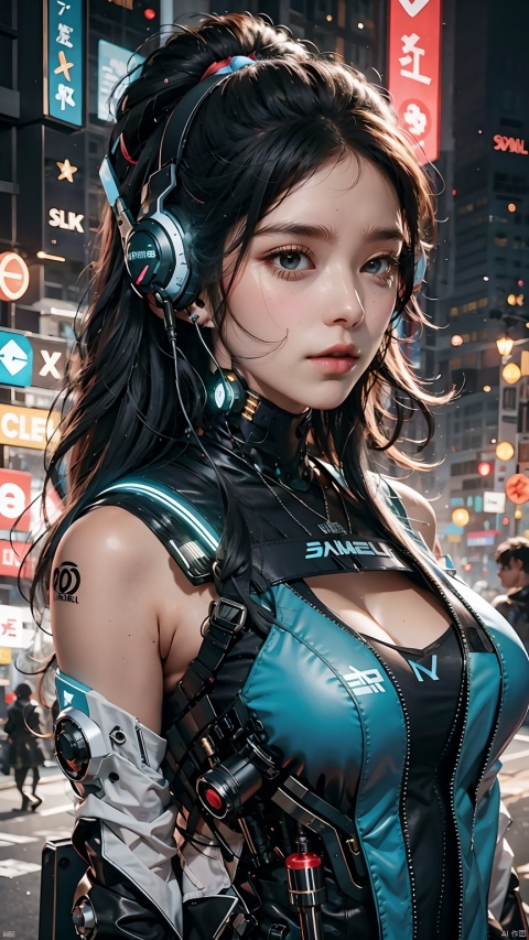 1girl,black hair,cyberpunk,headphones,headset,looking at viewer,open mouth,solo,Underarm exposed,The blue breastplate on the chest,Neck protection,Oblique side close-up,Luminous knob structure on the chest side,upper body,Mecha,Hard surface,Streamlined mecha,Realistic materials,Luminous earphones,night,Urban background,  skyscrapers, 1girl,Cyberpunk,Mechanical earphones