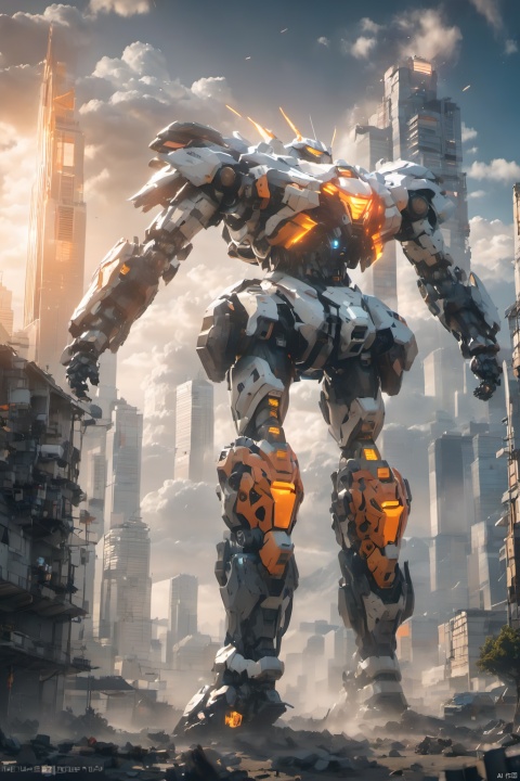  (masterpiece, best quality:1.2),Giant mecha,Vital Suits ,building,city,city lights,cityscape,cloud,cloudy sky,destruction,evening,glowing,Luminous mecha,Complex mecha structure,White, orange, and black mecha,Strong mecha body,Multi light source mecha,Giant mecha firearms,full body,Super complex mechanical structure,holding gun,mecha,mountain,no humans,outdoors,power armor,realistic,ruins,science fiction,sky,skyline,skyscraper,smoke,weapon,1girl