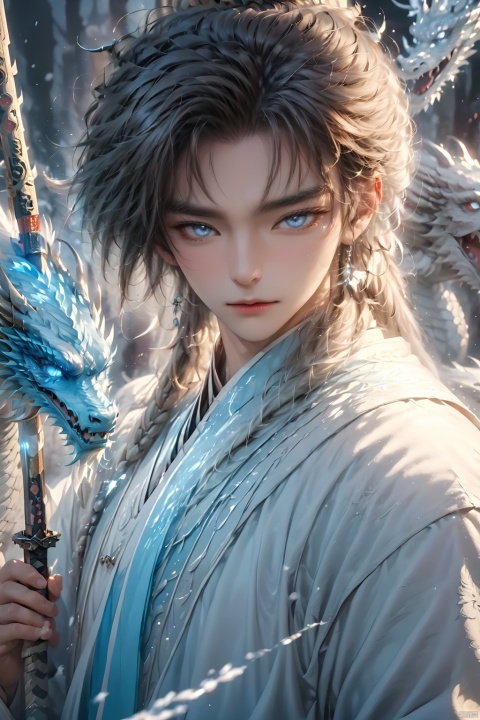  (masterpiece, best quality:1.5), 1boy, blue eyes, closed mouth, eyelashes, face, floating hair, glowing, holding,Ice Magic,Ice crystal,Icicles,ice,Chinese Ice Dragon, holding weapon,Chinese clothing, looking at viewer, male focus, solo, sword, weapon, white hair, 1BOY, glow