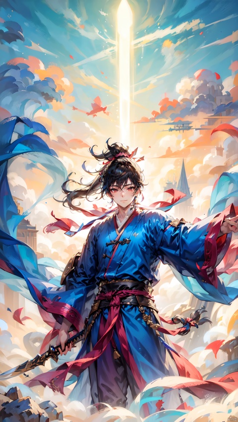  (1boy:1.5),Soaring through the clouds and mist,black hair,A large amount of fog,Standing on the Cloud,(Clouds covering the ground:1.5),levitate,No ground,cloud,cloudy sky,evening,gradient sky,high ponytail,holding sword,Massive Clouds,Holding a long stick,Red and blue clouds,Upper body,Hanfu,long hair,male focus,outdoors,ponytail,sky,smile,solo,sword,twilight,wide sleeves, 1 boy