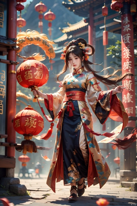 1girl,Chinese New Year,Welcoming Spring Girl,Spring welcome clothing,Hanfu,Chinese knot,Red Theme,Water tank,The huge circular mecha behind it,Looking up,Printed black silk,Headwear,Yellow goldfish,full body,ancient Chinese architecture,Red Lantern,Zhang Deng Jie Cai,Full of joy and joy,Spring Festival couplets,Ancient Chinese script,Brown eyes,Clothing printing