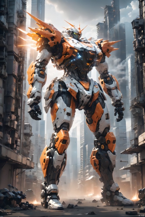  (masterpiece, best quality:1.2),Giant mecha,Vital Suits ,building,city,city lights,cityscape,cloud,cloudy sky,destruction,evening,glowing,Luminous mecha,Complex mecha structure,White, orange, and black mecha,Strong mecha body,Multi light source mecha,Giant mecha firearms,full body,Super complex mechanical structure,holding gun,mecha,mountain,no humans,outdoors,power armor,realistic,ruins,science fiction,sky,skyline,skyscraper,smoke,weapon,1girl