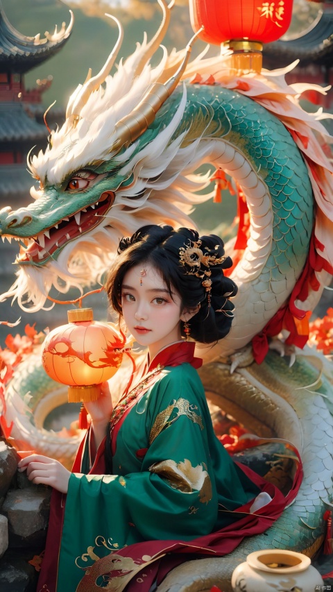 The girl and the Chinese dragon,Chinese dragon,1girl,autumn,Chinese Hanfu,black hair,squama ,The hair on the faucet,Ultimate details,Dragon horn,The graceful and winding dragon body,dragon,Close up, close up,The dragon head is suspended on the girl's head,ancient Chinese architecture,The girl sat on a green stone, sat sideways, looking at the camera, full body,Red Dragon,Open the dragon's mouth,eastern dragon,hair ornament,horns,jewelry,lantern,long hair,new year,paper lantern,sitting,sun,teeth, Chinese dragon