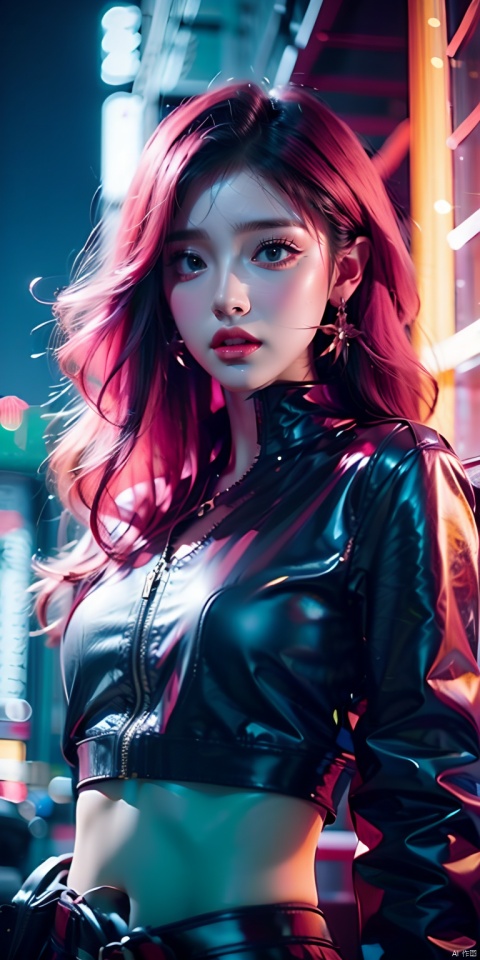 (best quality:1.3),(masterpiece:1.2),16k,Neon light background,Cyberpunk background,Cyberpunk,The lighting effect reflected by neon lights on the character's body,Neon lighting effect,Neon Line Light,1girl,night,belt,blurry background,breasts,brown eyes,Upper body, oblique body, above buttocks,depth of field,jacket,lips,long sleeves,looking at viewer,makeup,midriff,navel,neon lights,nose,parted lips,pink hair,solo