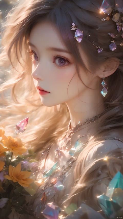 (masterpiece, best quali),1girl,long_amber_hair,amber_eyes, light gray and light beige, detailed, gentle and focused romanticism, overhead shot, dim flowers in the foreground, depth of field, Canon R6, bright soft ambient outdoor light, liuyifei,depressed,Crystal Girl, Colorful crystal decoration,Crystal necklace,Crystal on the body,Floating Colorful Crystal,Purple gradient hair,1girl, hand