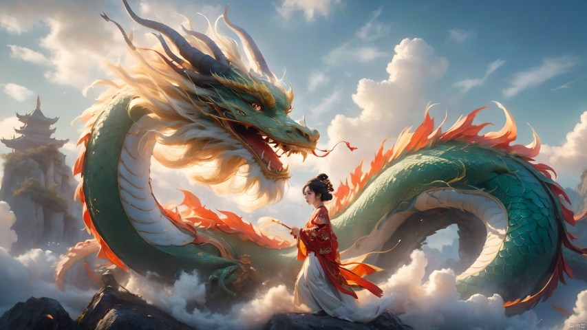 The girl and the Chinese dragon,Chinese dragon,1girl,black hair,cloud,Chinese Hanfu,squama ,The hair on the faucet,Ultimate details,Dragon horn,The graceful and winding dragon body,cloudy sky,day,The dragon's body approaches the girl,Mid to Long Range,Green Dragon,The girl stood on the stone, turned sideways, holding a cylindrical object in her hand, full body,Open the dragon's mouth,dragon,eastern dragon,hair ornament,horns,outdoors,oversized animal,scales,sky,solo,standing,teeth,water, Chinese dragon, glow