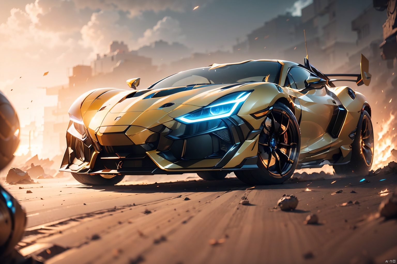 A super sports car with its front facing the camera, luminous headlights, multi-light body, luminous body, and this huge mecha, robot, multi-light body mecha, luminous mecha, best quality, masterpiece, 8k, unreal 5 engine rendering.