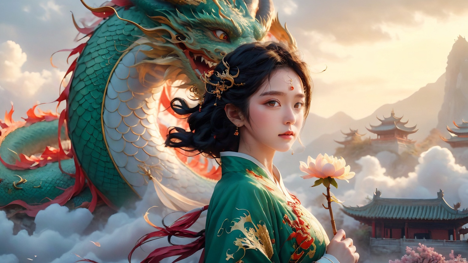 The girl and the Chinese dragon,Chinese dragon,1girl,black hair,cloud,Chinese Hanfu,squama ,The hair on the faucet,Ultimate details,Dragon horn,The graceful and winding dragon body,cloudy sky,dragon,Green Dragon,Looking at the camera,Oblique lateral body,The dragon's body coiled around the girl's side,Open the dragon's mouth,dragon horns,The camera looks up from below,eastern dragon,flower,glowing,horns,mountain,scales,sky,standing,sunset,teeth,twilight Chinese dragon, glow