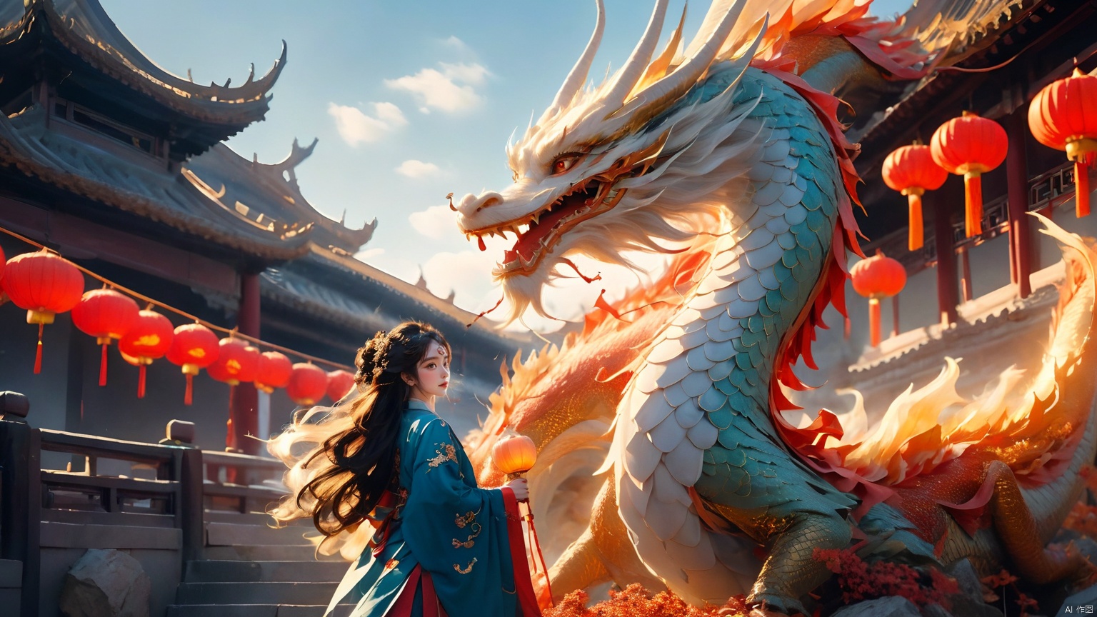 The girl and the Chinese dragon,Chinese dragon,1girl,autumn,autumn leaves,Chinese Hanfu,squama ,The hair on the faucet,Ultimate details,Dragon horn,The graceful and winding dragon body,campfire,chinese clothes,dragon,The girl stood in front of an ancient Chinese street, with her back to the camera and looking back, full body,The dragon's body approaches the girl,Blue Dragon,Complex Golden Crown,ancient Chinese architecture,Open the dragon's mouth,dragon horns,The camera looks up from below,east asian architecture,eastern dragon,horns,lantern,long hair,maple leaf,open mouth,paper lantern,red eyes,scales,teeth,very long hair, Chinese dragon, glow