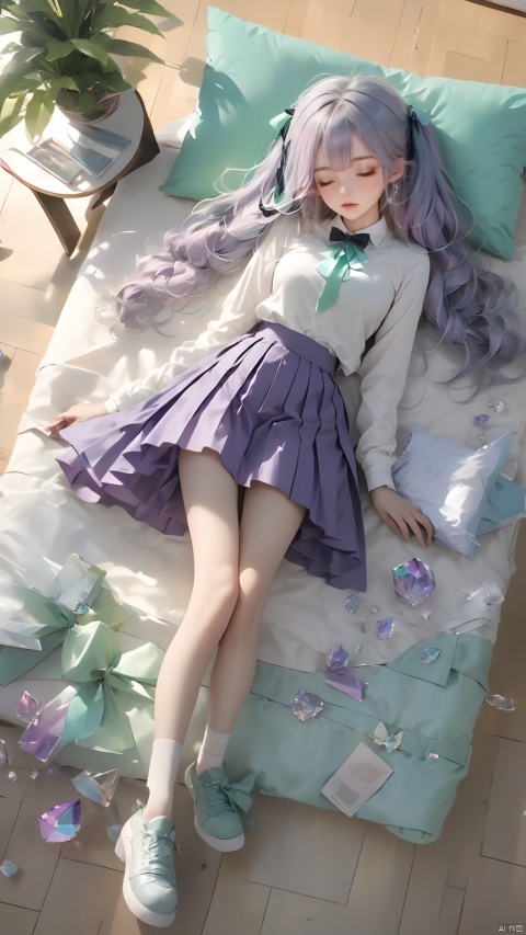 (masterpiece, best quali),1girl, solo, lying, phone, on back, cellphone, skirt, closed eyes, bow, pillow, smartphone, socks, shirt, hair ornament, pleated skirt, sleeping, earphones, white shirt, school uniform, on bed, indoors, long hair, bowtie, blush, bed, hairclip, black socks, long sleeves, grey skirt, earbuds, breasts,open mouth, bag, school bag, collared shirt, no shoes, open skirt, small breasts, wooden floor, from above, black bowtie, white hair,green hair,hair ornament, gradient hair,nahida (genshin impact),Crystal Girl, Colorful crystal decoration,Crystal necklace,Crystal on the body,Floating Colorful Crystal,Purple gradient hair,1girl, hand