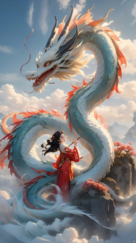 The girl and the Chinese dragon,Chinese dragon,1girl,black hair,blue sky,Chinese Hanfu,squama ,The hair on the faucet,Ultimate details,Dragon horn,The graceful and winding dragon body,cloud,cloudy sky,day,White Dragon,prospect,The girl stood on a suspended tree trunk, leaning sideways, appearing small and full body,Open the dragon's mouth,dragon,eastern dragon,horizon,long hair,mountain,mountainous horizon,ocean,outdoors,scenery,sky,solo,standing,water,waves, Chinese dragon