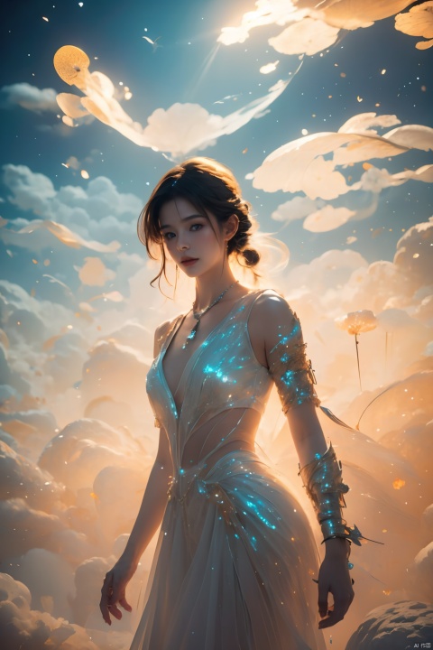  1girl,wearing Collectable Space Age Pearlescent Bracers, soft focus, Modern Art, key light, Grayscale, glittering, runes, Light streaks, highly detailed, 64K,jellyfishforest,,Fractal,smoke, cloud,Soaring through the clouds and mist