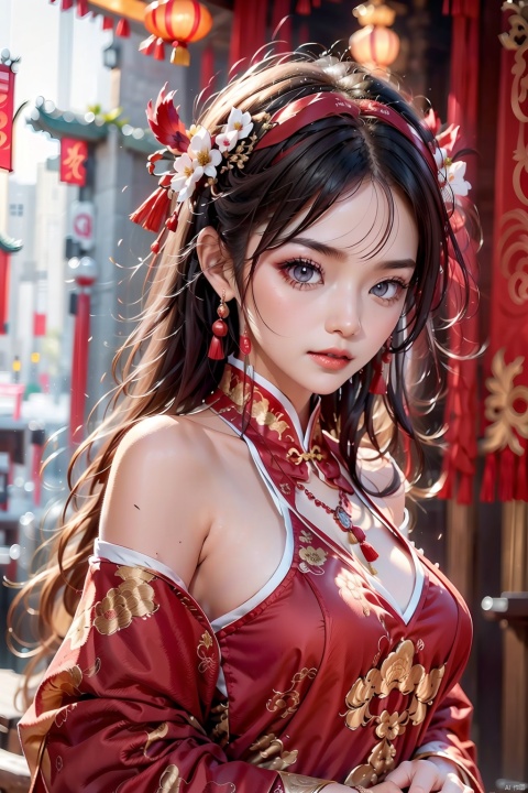 Bride in wedding attire,1girl,Red wedding dress, bare shoulders, black hair, blurry background, breasts, chinese clothes, closed mouth, curtains, depth of field,earrings,printing,necklace,earring,dowry,dragon， grey eyes, hair ornament, hairband, jewelry, lips, long hair, looking at viewer, medium breasts, own hands together, red lips, solo, tassel, upper body