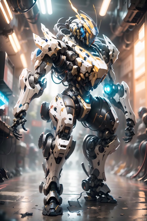  robot,blurry,Mecha,Full mecha,full body, blurry background, cable, depth of field,Streamlined mecha, glowing,Luminous mecha,Complex mechanical structures,Non humanoid head features,One eyed like a camera lens,Glowing Cyclops,White and black mecha,Multi light source mecha, glowing eyes, lights, machinery, mecha, power armor, robot, robot joints, science fiction, solo, Robot, Mech Combat Vehicle