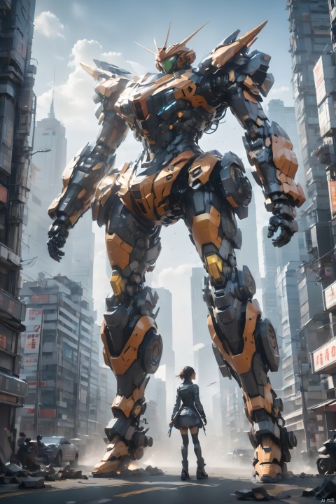  (masterpiece, best quality:1.2),Giant mecha,Vital Suits ,building,Car tire structure feet,car,city,city lights,cityscape,cloud,day,destruction,east asian architecture,ground vehicle,Complex mecha structure,Looking up,Multicolored mecha,Half squat posture,full body,Super complex mechanical structure,mecha,outdoors,radio antenna,realistic,road,ruins,science fiction,skyscraper,street,traffic light,1girl