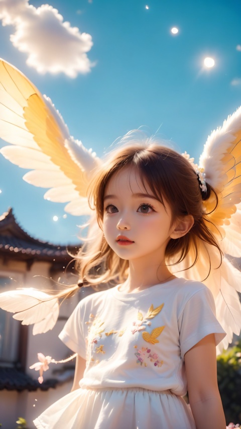 product photo of a T-shirt on wall, closeup, simple background, embroidery on T-shirt of a cute little angel, on clouds, adorable kawaii, 35mm photograph, film, bokeh, professional, 4k, highly detailed,