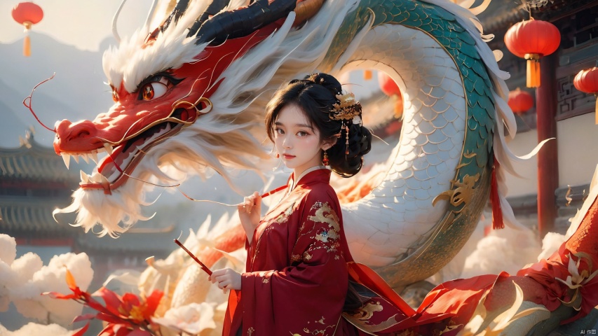 The girl and the Chinese dragon,Chinese dragon,1girl,Chinese Hanfu, Chinese dragon