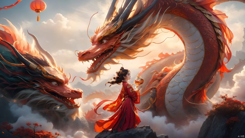 The girl and the Chinese dragon,Chinese dragon,1girl,Dragon Claw,Chinese Hanfu,cloud,squama ,The hair on the faucet,Ultimate details,Dragon horn,The graceful and winding dragon body,cloudy sky,dragon,dragon horns,eastern dragon,Open the dragon's mouth,The girl stands on the dragon's body, with a back and a metal decorative object behind her,Close range,Red Dragon,evening,gradient sky,The camera looks up from below,horns,long hair,mountain,open mouth,orange eyes,outdoors,scales,sky,smoke,solo,sun,sunset,teeth,twilight, Chinese dragon, glow