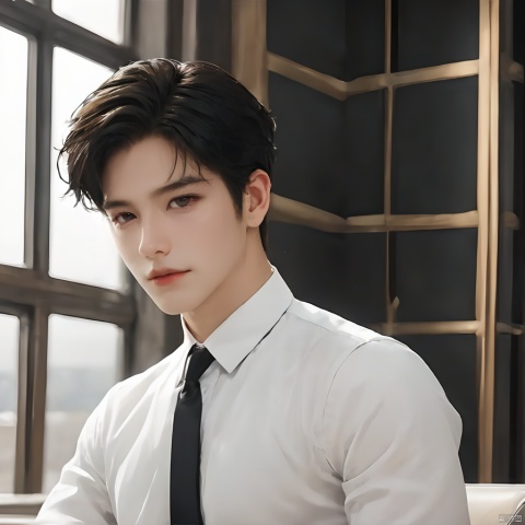 1boy,black hair,collared shirt,lips,looking at viewer,nose,Short hair,indoor,Sitting,suit,realistic,red lips,shirt,solo,upper body,white shirt,wing collar