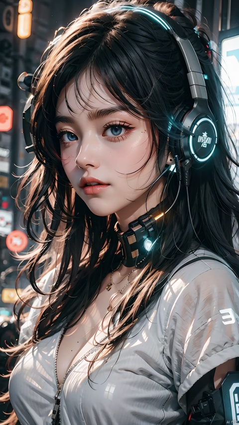 1girl,black hair,blue eyes,breasts,cleavage,headphones,headset,Glowing clothing, multi light source clothing, with multiple glowing texts on the body,Looking at the camera,Black metal neck guard,large breasts,long hair,Fabric clothing,Oblique side close-up,solo,upper body,Luminous earphones,night, 1girl,Cyberpunk,Mechanical earphones