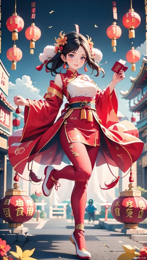 1girl,Chinese New Year,Welcoming Spring Girl,Spring welcome clothing,Hanfu,Chinese knot,Red Theme,White top,Big long legs,Red skirt,The huge mecha building behind it,full body,front,Animal mechs crossing over their feet,Tassel earrings,Looking up,Red leggings,ancient Chinese architecture,Red Lantern,Zhang Deng Jie Cai,Full of joy and joy,Spring Festival couplets,Ancient Chinese script,Brown eyes,Clothing printing, Bride in wedding attire,Red wedding dress, Chinese Dragon