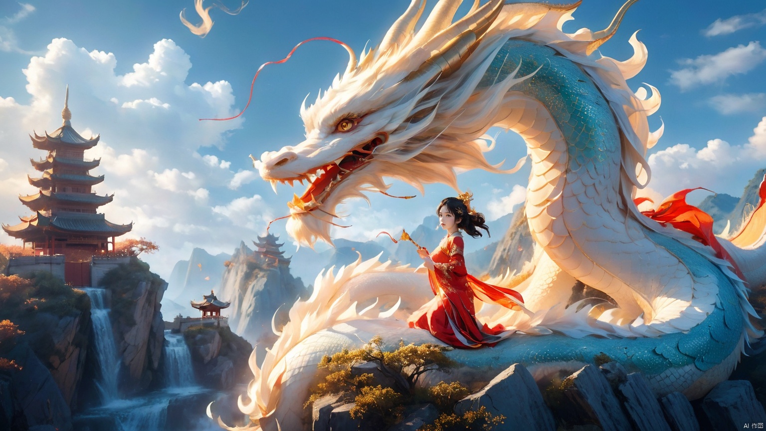 The girl and the Chinese dragon,Chinese dragon,1girl,bare shoulders,black hair,squama ,The hair on the faucet,Ultimate details,Dragon horn,blue sky,cloud,Close range,White Dragon,Golden Dragon Horn,The dragon head is suspended above the girl,The girl sat next to the dragon, on a rock, looking at the camera,Open the dragon's mouth,day,dragon,dress,eastern dragon,long hair,oversized animal,petals,scales,sky,solo,teeth,wind, Chinese dragon, glow