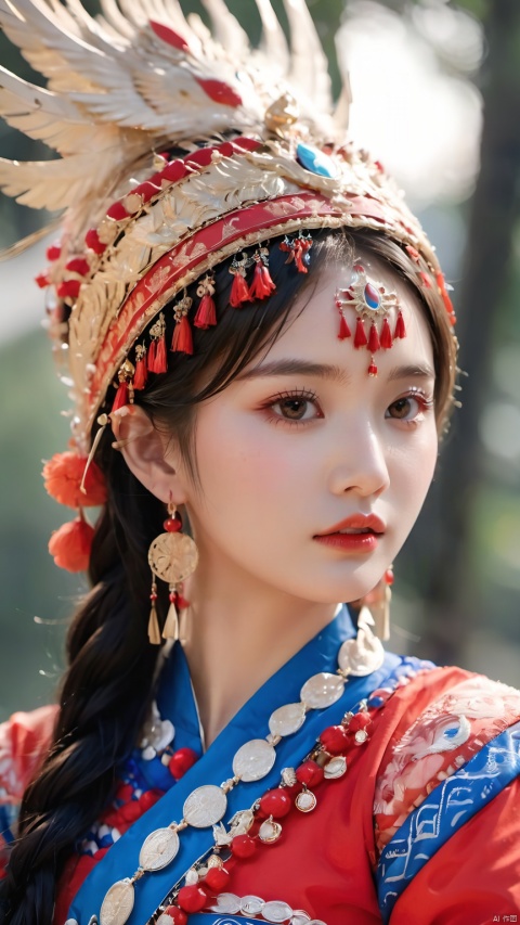 1girl, Slanting, upper body, above thigh, sitting position, bank, hands on thigh, blurred background, earrings, jewelry, lips, cloth headdress, complex jewelry, simple headdress, Hmong clothing, red printed Miao clothing, Miao Cloth Phoenix Crown, look at the audience, outdoors, their hands together, red lips, solo, hand