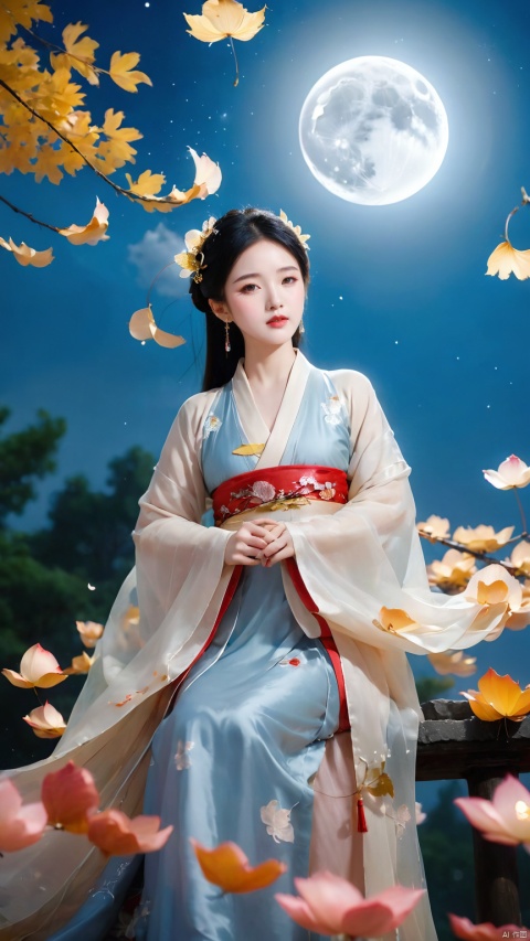 full moon,Normal size moon,moonlight,1girl,Girl's posture,black hair,cloud,dress,earrings,falling leaves,falling petals,flower,ginkgo leaf,Duo Lianhua Lian Ye,Close range,Looking at the camera,Headwear,Diagonal body,upper body,above buttocks,Holding a lotus flower in both hands,night,hanfu,holding,jewelry,leaf,leaves in wind,lips,maple leaf,night sky,outdoors,petals,rose petals,sky,solo,water,hand,