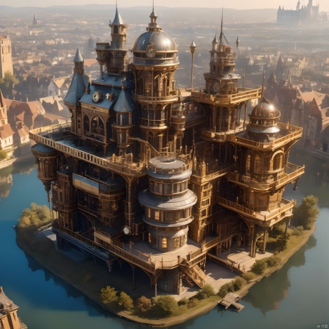 The best quality, masterpiece, steampunk, steampunk world, steampunk castle, floating castle in the air, steampunk architectural background, complex structure, super details, metallic texture, high reflection, ultra wide angle lens,