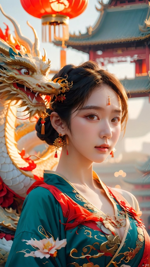 The girl and the Chinese dragon,Chinese dragon,1girl,blurry background,Chinese Hanfu,squama ,Dragon body coiled around the girl's body, dragon head close to her head, close-up photo taken,Golden Lantern Earrings,Golden Flower Earrings,Watching the audience,Silver metal headwear,White Dragon,Headwear,Little Dragon,close-up,Ultimate details,The hair on the faucet,Dragon horn,depth of field,dragon,earrings,jewelry, Chinese dragon