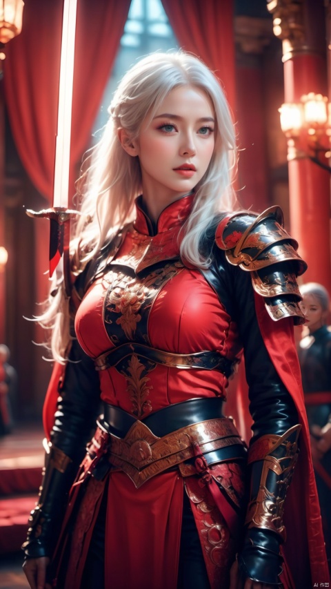 a beautiful female model is wearing black and red armor, standing in the palace, holding a bright red sword in her hand. The palace is full of red atmosphere , palace background, in the style of realistic hyper-detailed rendering, pseudo-realistic,redscale film, mark henson, nikita veprikov,black and red armor, gothichorrorai, Armor, white hair,Warrior,from above,bright red sword
