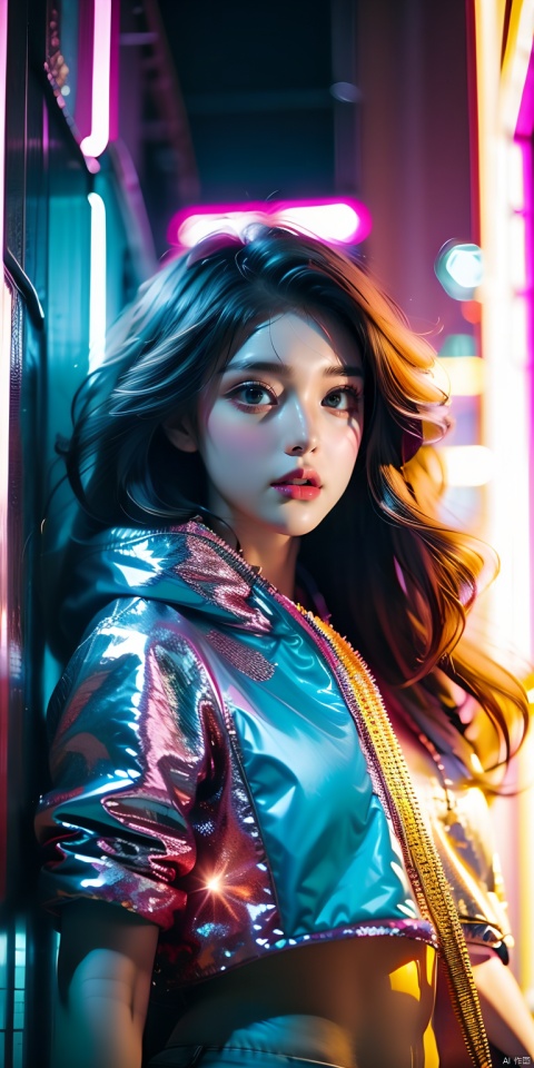 (best quality:1.3),(masterpiece:1.2),16k,Neon light background,Cyberpunk background,Cyberpunk,The lighting effect reflected by neon lights on the character's body,Neon lighting effect,Neon Line Light,1girl,night,blurry background,bracelet,brown eyes,city,denim,depth of field,Upper body, side body, above thighs,hands in pockets,hood,hoodie,jacket,jeans,jewelry,lips,long hair,looking at viewer,multicolored hair,neon lights,open clothes,parted lips,solo,standing