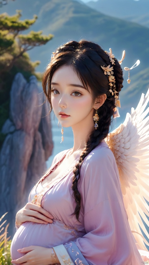  Best Quality, masterpiece, 16K, lifelike, cinematic quality, 1girl, Chinese Yi ethnic clothing,Silver metal headwear,Yi ethnic metal jewelry pregnant mother, pregnant belly, angel wings, red wings,upper body, above knee, black hair, blurry background, chinese clothing, ambient light, hazy light, glow, backlight, earrings, wings, Halo, light purple wings, look at the camera, slant up, jewelry, big wings, low wings, sky, depth of field, clothing, earrings, jewelry, lips, mountains, ocean, outdoor, photo background, coast, sky,