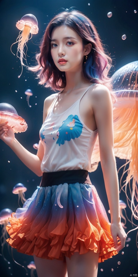  Colorful Girl, 1Girl,Colorful jellyfish, colorful jellyfish floating in the air,Close shot, large jellyfish on head, front, upper body, above thighs, blue tank top dress, complex fluid shaped colored short skirt at waist, off shoulder, colorful print, looking at the camera, colored gradient hair, dark gradient background, depth of field, glow, hand101, 1girl