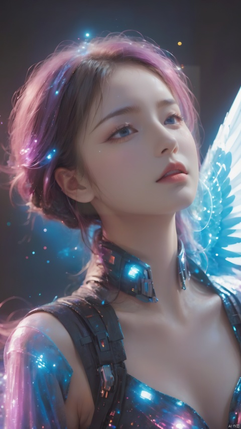 masterpiece,best quality,ultra high res,tashan,,__color__ theme,background light,universe,sparkle,light particles,cyberpunk,humanoid,eyes closed, tashan,wings, Light particle skin