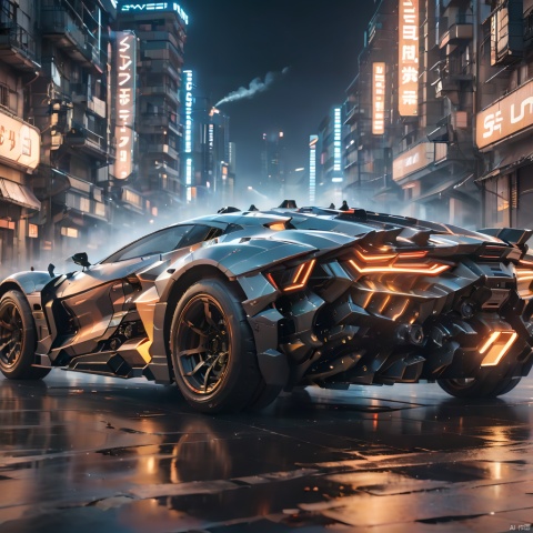 A super mecha combat vehicle, （sports car：1.3）, future technology, complex structure, luminous sports car, multi-light sports car, mecha structure, luminous headlights, line light on the car body, driving in the street, buildings, cities, ruins, smoke, depth of field, best quality, masterpiece, 8k., circuitboard