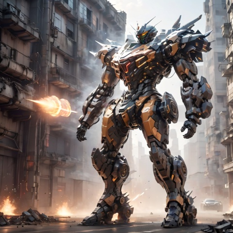 A humanoid mecha, huge mecha, super complex mecha, armed with huge energy weapons, reaction furnace, energy cannon on the shoulder, automobile wheel on the foot, foot composed of sports car, energy muzzle of hand, building, city, ruins, smoke, depth of field, best quality, masterpiece, 8k.