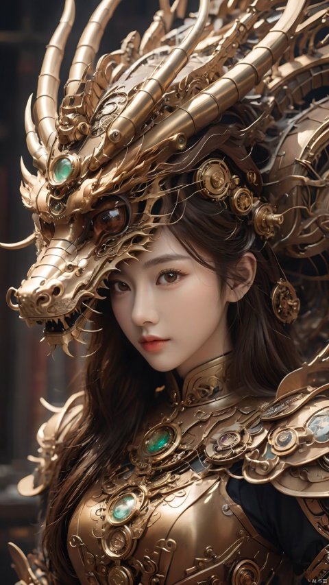 Complex mechanical structure of the Chinese dragon,Steampunk,Machinery Chinese Loong,1girl,armor,brown eyes,details,close-up,Looking at the camera,Upper body, above chest,Oblique lateral body,Metal helmet,Precision structure,brown hair,fantasy,lips,long hair,steampunk