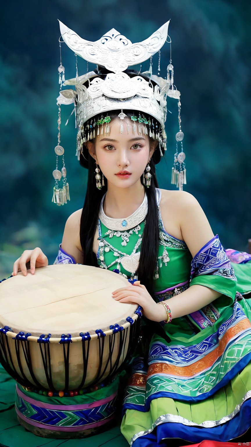 1girl, sitting position, one hand on top of a large Hmong drum, beads, black hair, bracelet, Chinese costume, costume, Hmong costume, green intricate floral embellishments, earrings, hair ornaments, jewelry, lips, print Clothing, reality, solo,
