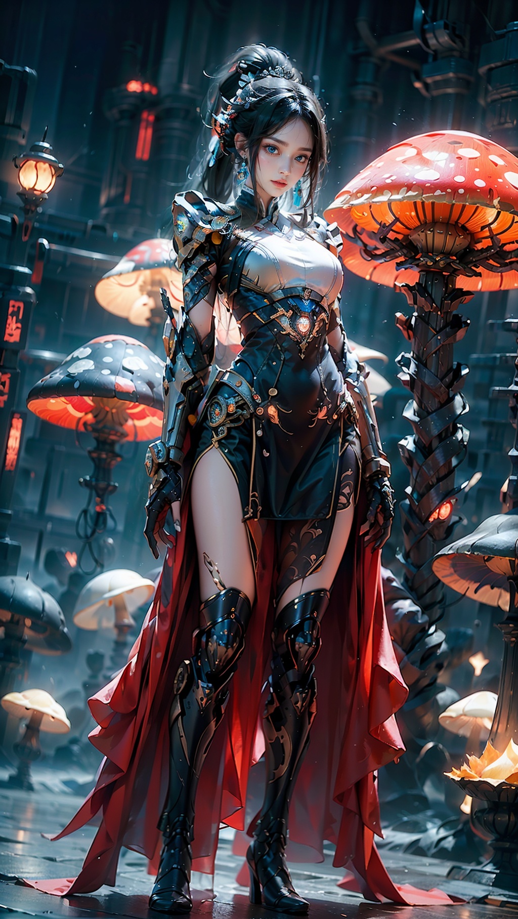 Zerg mecha (Queen), Mushroom Forest, mecha, armor, full body, mechanical arthropods, sharp armor, mushroom forest background, glowing mushrooms, shining mushrooms, multi mushrooms, gloves, complex armor, mecha, mechanical boots, standing, black long hair, sharp fingers, terrifying hand weapons, abnormal hands, mechanical spider legs behind, single ponytail, semi exposed thighs, ground, outdoor, blurry background, The purple glowing spot at the knee, 1girl, glow, cyberhanfu