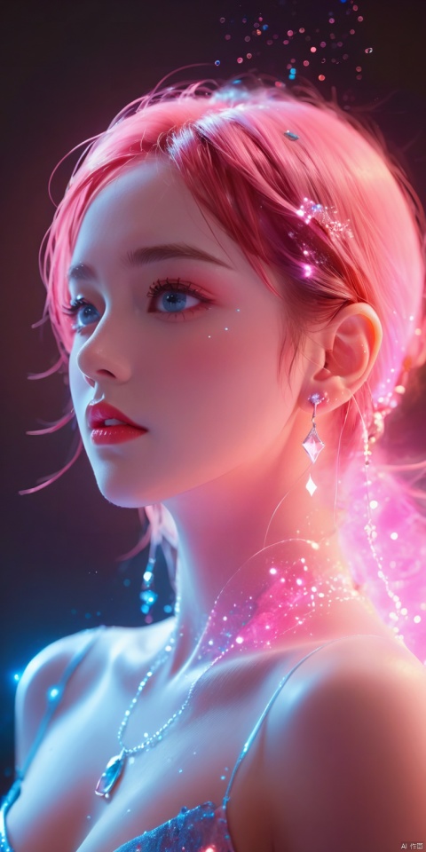 (pink light particles：1.3),Light particle skin,Light particle energy fluid,(Light particles covering the body),Light Particle Art,Light particle effects,1girl,red skin,blue eyes,earrings,jewelry,light particles,parted lips,pink hair,solo,Light particles covering the body, glow, Neon light background