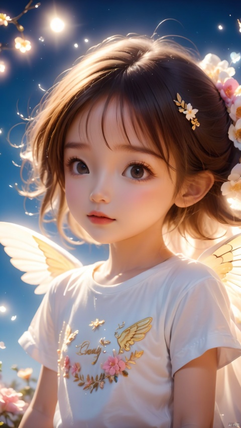 product photo of a T-shirt on wall, closeup, simple background, embroidery on T-shirt of a cute little angel, on clouds, adorable kawaii, 35mm photograph, film, bokeh, professional, 4k, highly detailed,