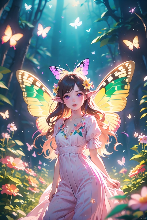  1girl,Butterflies on the Head, antennae, blue butterfly, blue wings, blurry, blurry background, brown hair, butterfly, butterfly hair ornament, butterfly on hand, butterfly wings, cleavage, fairy, fairy wings, flower, flying, glowing butterfly, glowing wings, green wings, hair ornament, ice wings, insect wings, lips, long hair, medium breasts, motion blur, multicolored wings, nature, pink wings, pointy ears, purple wings, solo, transparent wings, white butterfly, white wings, wings, yellow butterfly, yellow wings,Dawn Elf,dawn,glow,Glowing wings,Dress,Multiple butterflies,Glowing Butterfly,Super large wings, pink fantasy